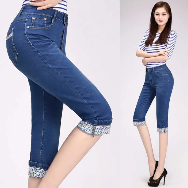 

Plus Size Skinny Women's Jeans Pencil Pants 2019 Summer Blue Denim Dot High Waisted Knee Length Stretch Capris for Women Jean