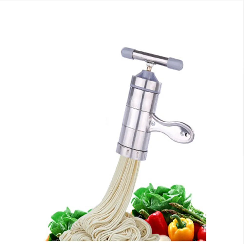 Stainless Steel Pasta Spaghetti Noodle Maker Machine with 5 Mold Handy Manual Vegetable Noodle Cutter Press Cooking Tools