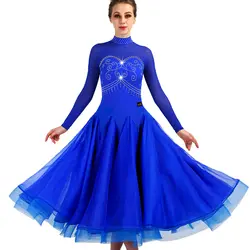 Королевский синий с длинным рукавом бальных танцев конкуренции платья Индивидуальные вальс стандартные Бальные платья для женщин и