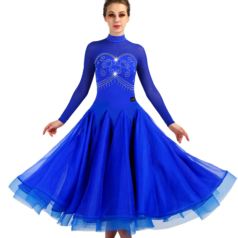 Royal blue Long sleeve ballroom dance competition dresses customized waltz standard ballroom