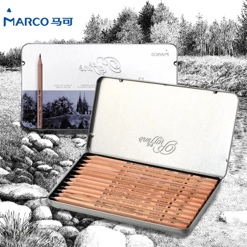 

Marco Raffine 12pcs/tin 3H-9B Professional Sketching Pencils Artist Black Wooden Sketch Drawing Pencil School Student Supplies