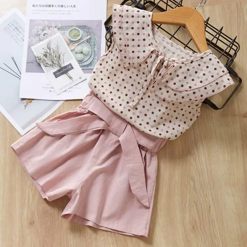Melario/повседневный комплект одежды для девочек модная одежда для девочек Милая футболка в горошек, костюм с шортами детский жилет из 2 предметов Детский костюм - Цвет: AY265 Pink
