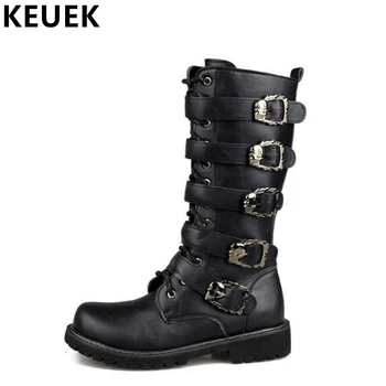 

Autumn Winter Men Leather boots Riding Equestrian boots Mid-Calf Military boots Wear-resistant Male shoes Long boots 061