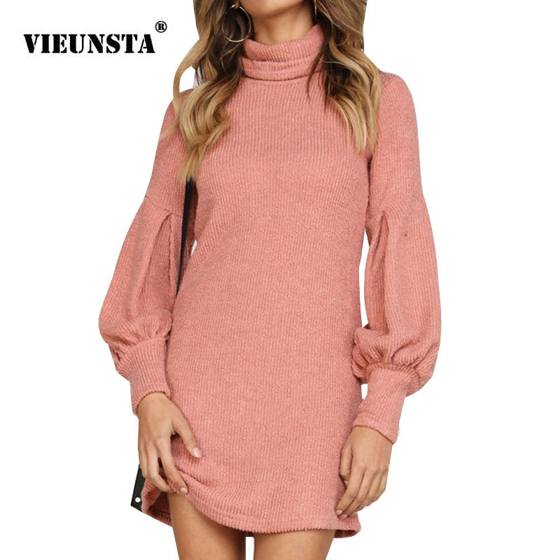 

VIEUNSTA Warm Winter Dress 2018 Autumn Puff Long Sleeve Solid Knitted Sweater Dress Women Turtleneck Mini A-Line Dresses Vestido