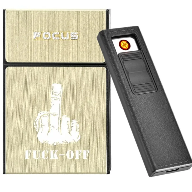 Чехол для прикуривателя FOCUS с Беспламенной съемной электронной зажигалкой ветрозащитный фонарь Зажигалка 20 шт. чехол для прикуривателя - Цвет: Fk Off Gold