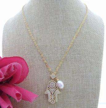 

N051708 19" Rice Pearl Hamsa CZ Pendant Necklace