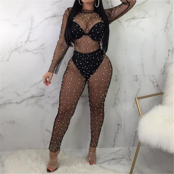 

Women Jumpsuit Hot Sexy Ladies Pearl Fishnet Mesh Sheer Long Sleeve Jumpsuits Romper Female Jumpsuit Bodycon Women Party Clothes