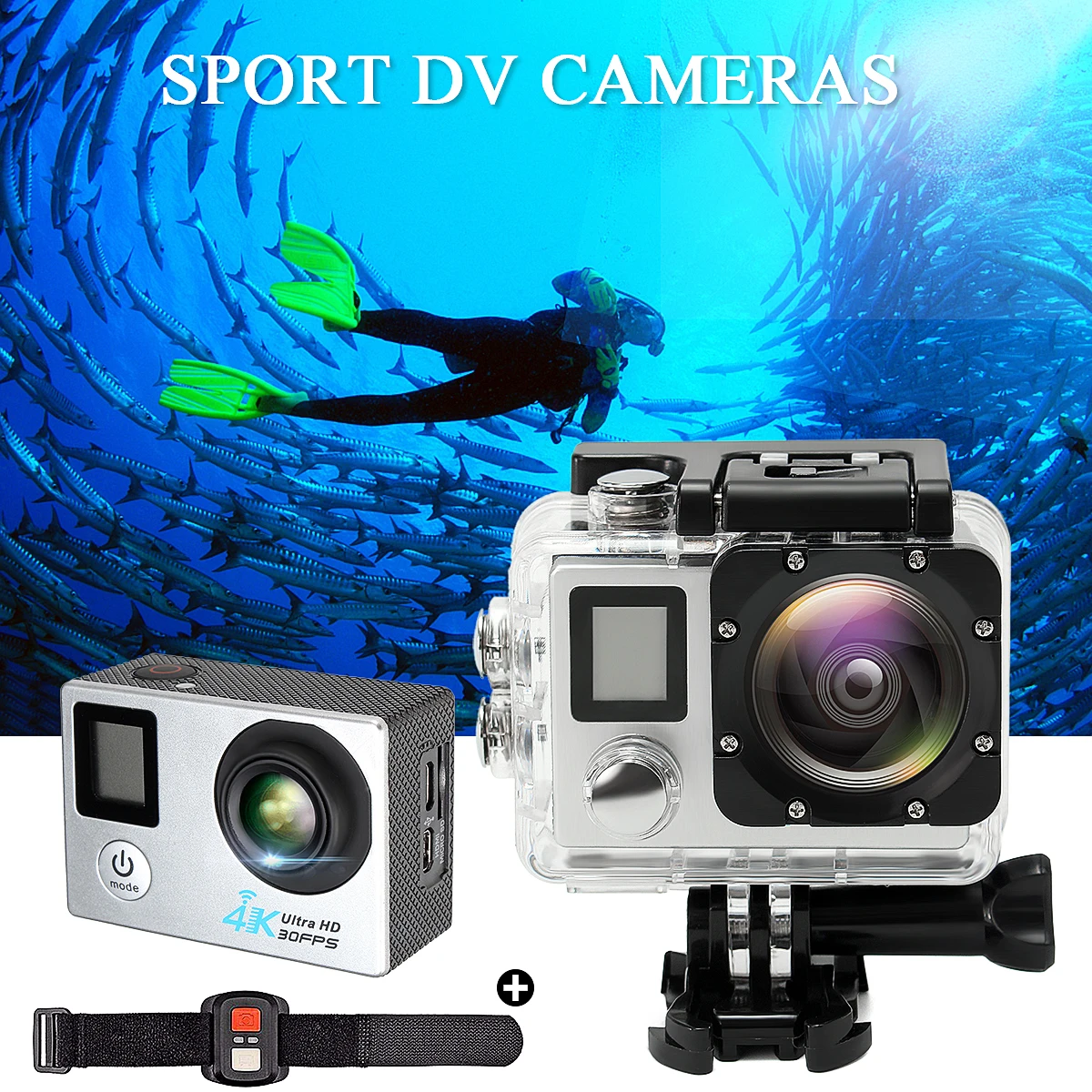 

Sports DV Action Camera+Remote Control 4K Ultra HD 2.0 Dual Screen 170 WiFi 16 Mega Pixels CMOS-Sensor Silver Black Waterproof