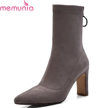 

MEMUNIA 2020 top quality flock genuine ankle boots for women pointed toe autumn winter high heels boots solid color dress shoes