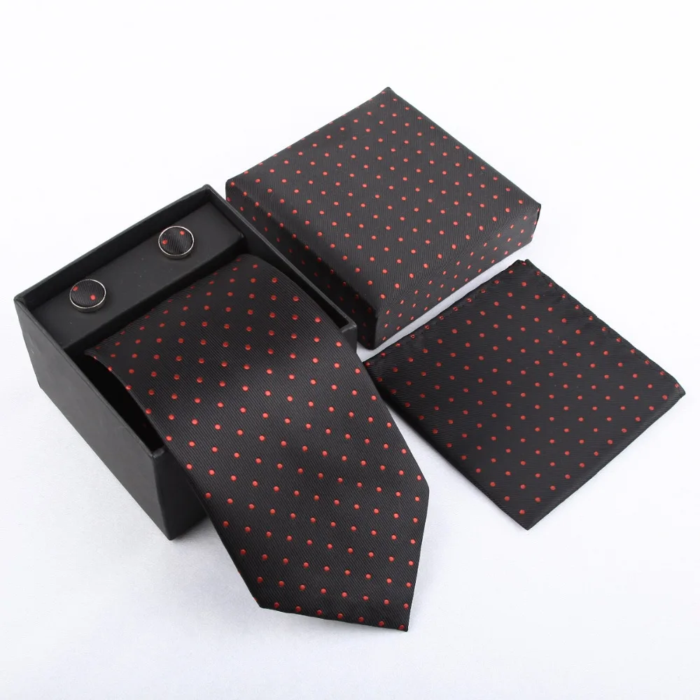 

HOOYI 2019 neck tie set for men business necktie cufflinks Handkerchief wedding Dot Black gift box party Pocket square