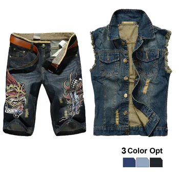 

Men Jean Vest Jacket Set Retro Ripped Destroyed Skinny Hole Top Denim Short Pants 1/2 Trousers Summer Beach Wear Blue Dagge Fire