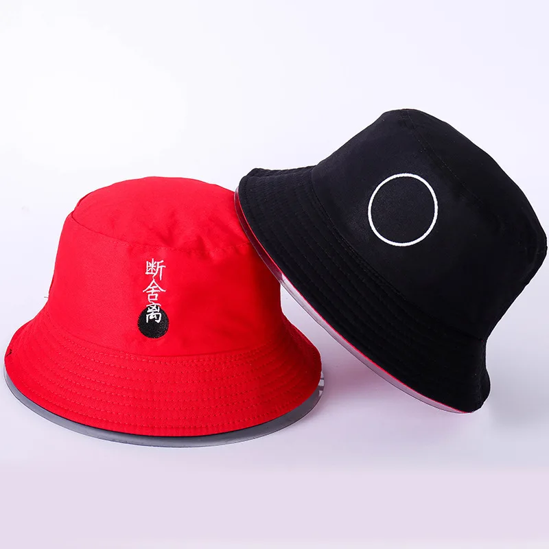 

Unisex Harajuku Bucket Hat Two Side Black Yellow Fishing Outdoor Sunhat Chinese Letter Summer Fisherman Hat Women 2019 New YY173