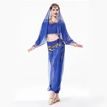 Sari Indian Clothing 4-piece Sequin Chiffon Long Sleeve Top, Coin Waist Belt, Dance Veil Headpiece Indian Pants for Women