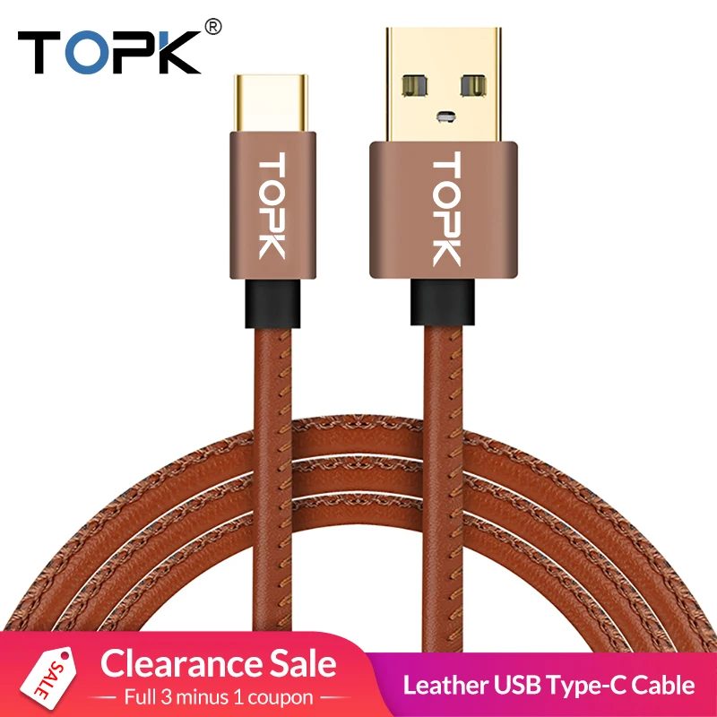 TOPK Премиум Кожаный Плетеный usb type C кабель для синхронизации данных USB зарядный