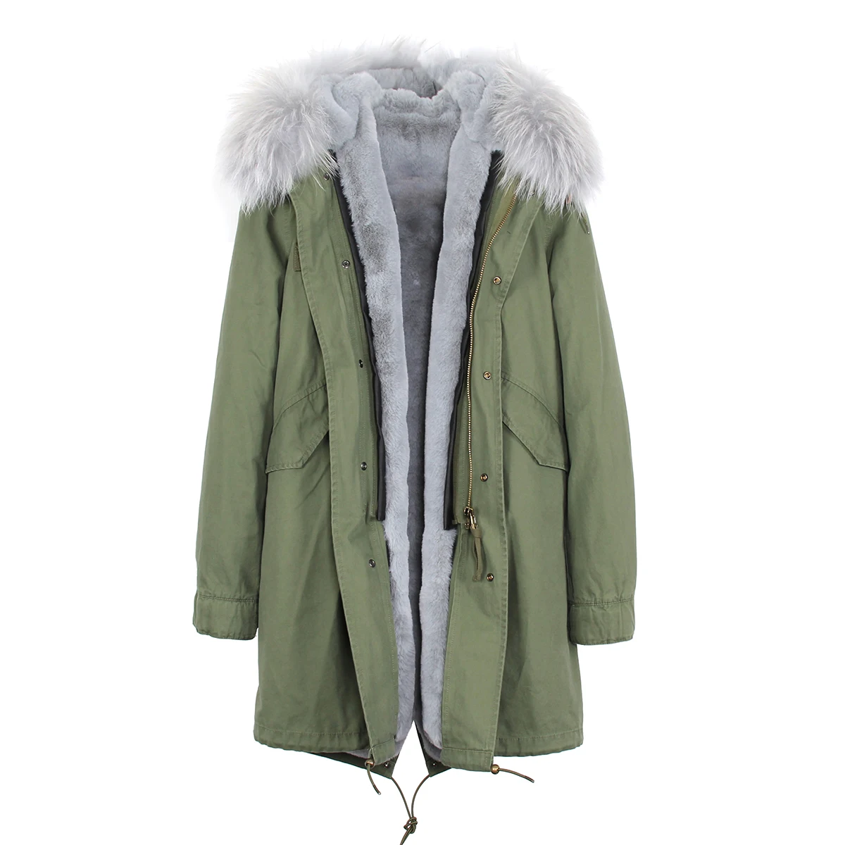 JAZZEVAR Женский пальто армейский зеленый большой цвет енота мех с капюшоном парки верхняя одежда длинная съемная зимняя куртка с подкладкой