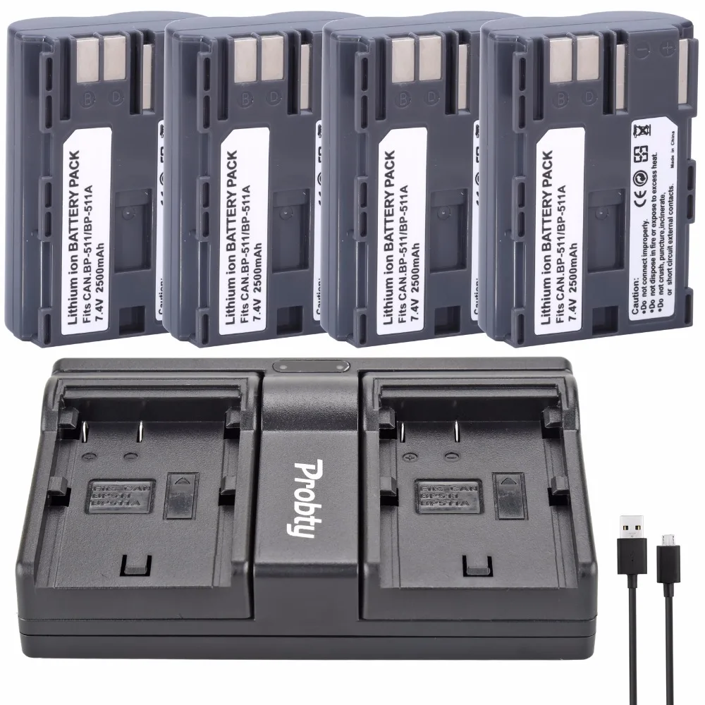 

4Pcs BP-511 BP511A Battery + USB Dual Charger For Canon EOS 10D 20D 20Da 30D 40D 50D 300D D30 D60 PowerShot G1 G3 G3X G5 Camera