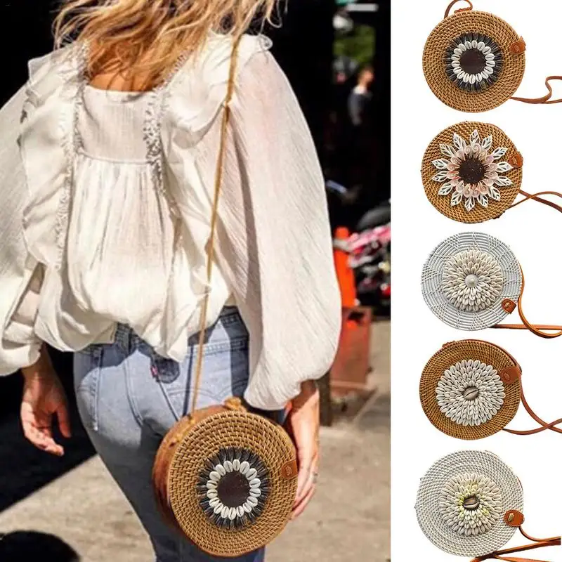 

FGGS-Fashion Round Shoulder Bag Rattan Hand Woven Beach Straw Hand Bags Small Mini Shell Crossbody Messenger Bag For Women Lad