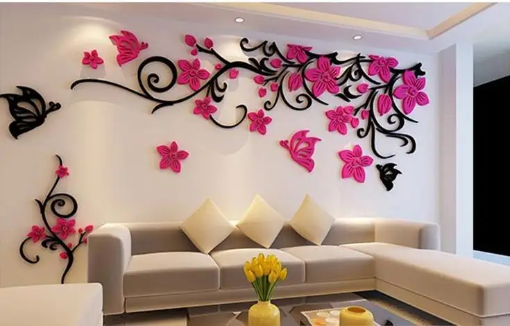 Цветок кристалл трехмерное дерево наклейки на стену акриловые наклейки на стену за диваном Декор для дома DIY самоклеющиеся съемные - Цвет: Red rose right side