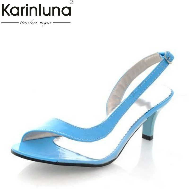 

KARINLUNA 2018 Small Big Size 30-46 Peep Toe Women Sandals Sexy Med Heels Rome Style Buckle Strap Woman Shoes Candy Colors