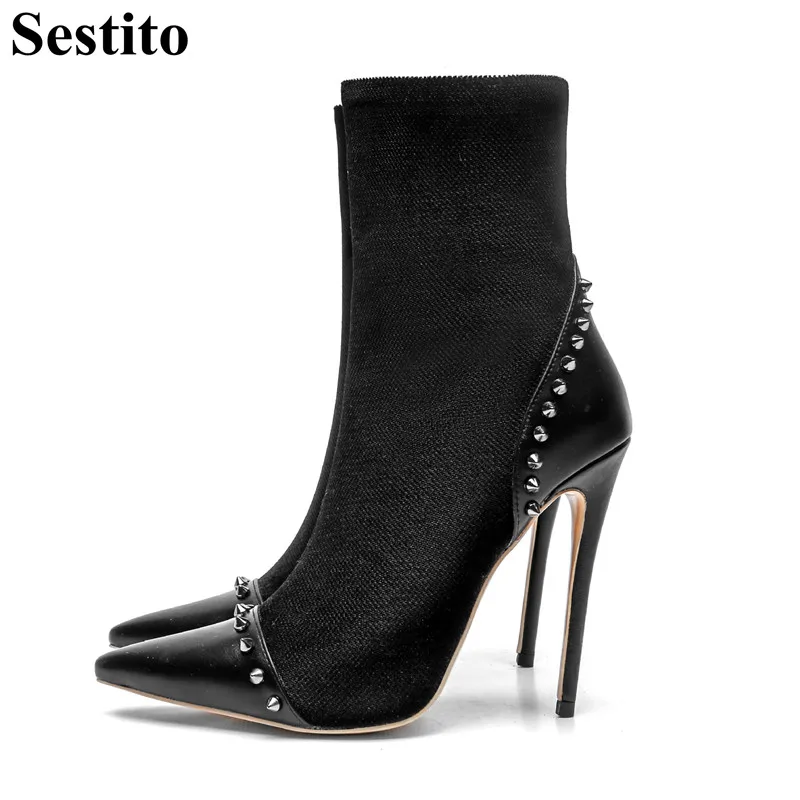 

New European Fashion Black Rivet Woman Boots Pointed Toe Super High Heel Ankle Boots For Women 12 cm Thin Heels Zip Women Shoes