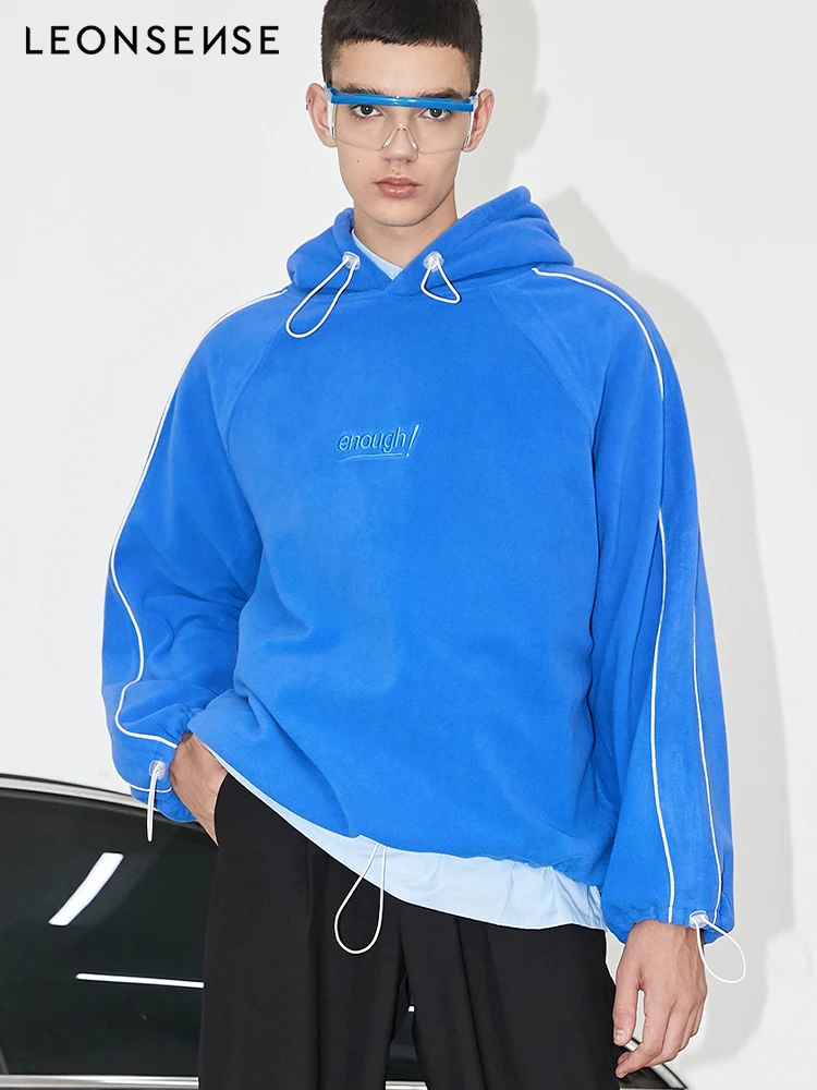 

LEONSENSE New Letter embroidery Men Hoodies 2019 Winter Japan Style Hip Hop Drawstring cap sleeve Casual Sweatshirts Streetwear