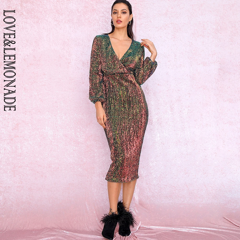 

LOVE&LEMONADE Sexy Gradient Dark V-neck Sequins Lantern Sleeve Party Knee Dress LM81928-1 Autumn/Winter