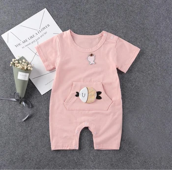 

Cute Baby Girl Romper Baby Boy Summer Outfit Soft Cotton Mini Fish Pattern Front Pocket Clothes 0-24Months