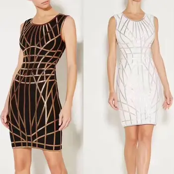 

Geometric dress sleeveless autumn elegant women vestidos sexy backless black gold bandage dress lady short club party dresses