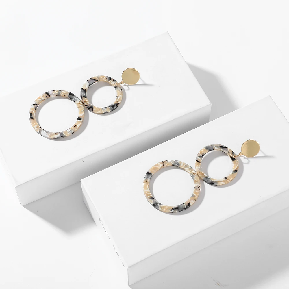 

New Fashion Vintage Acrylic Double Round Long Dangle Earrings for Women Big Circle Acetate Drop Earrings Statement Jewelry Gifts