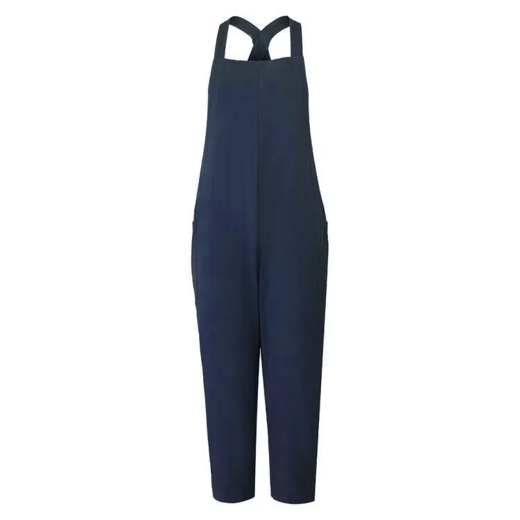 Dark Blue Женский комбинезон хлопок Iinen комбинезоны летние повседневные Короткие широкие прямые женские брюки Свободный Длинный комбинезон Женская одежда# ss - Цвет: Dark Blue