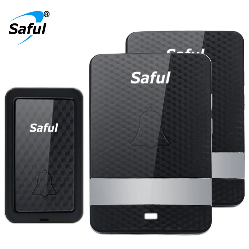 

Saful New Wireless Waterproof Doorbell Self-powered Black doorbell with 1 Outdoor Button +2 Indoor Receiver EU/UK/US/AU plug
