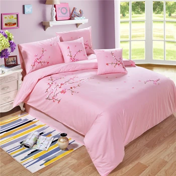 

4 Pieces Duvet Cover Bed Sheet Pillowcase Sets Solid Color Embroidered Embroidery 100%Cotton with Button (King/Queen,Pink)