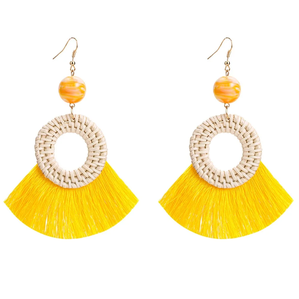 

2018 Hot Handmade Woven Rattan Water Drop Tassel Earrings For Women Rope Braid Straw Fringe Dangle Earrings for Christmas party