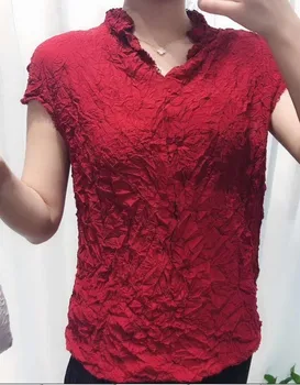 

FREE SHIPPING fIrregular solid color short sleeve fashion fold Indiscriminate pleating small lace folds T-shirts IN STOCK