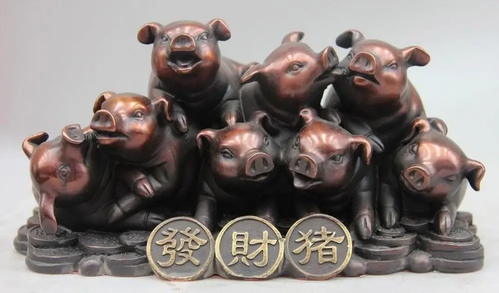 

China Old Bronze Copper Feng Shui Wealth Money Zodiac Eight Pig Statue Sculpture