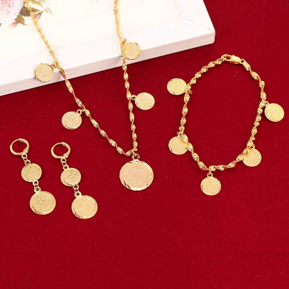 ##BUY Bracelet Necklace Earrings Set Germany Spain France Coin Money Sign Women 24k Gold Color Filled Arab Africa Europe Jewelry