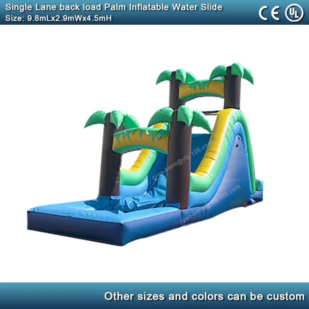 front 32ft single lane tropical style green palm inflatable water slide with pool for adults kids commercial inflatable wet slide