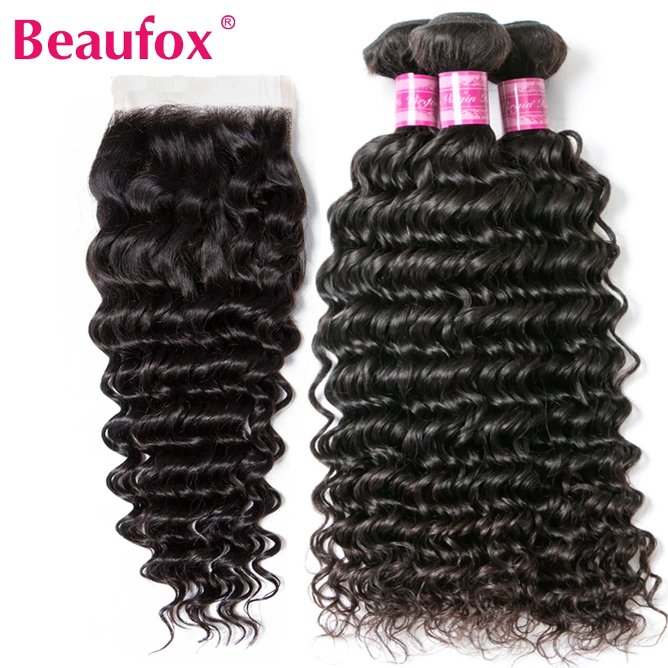 Beaufox Deep Wave Brazilian Hair Weave Bundles With Closure Remy Human Hair Bundles With Closure 3 Bundles With Closure 4*4