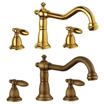 

Free shipping Sugan Life antique brass basin faucet Deck mounted three piece bath faucet bathroom hot and cold tap F166