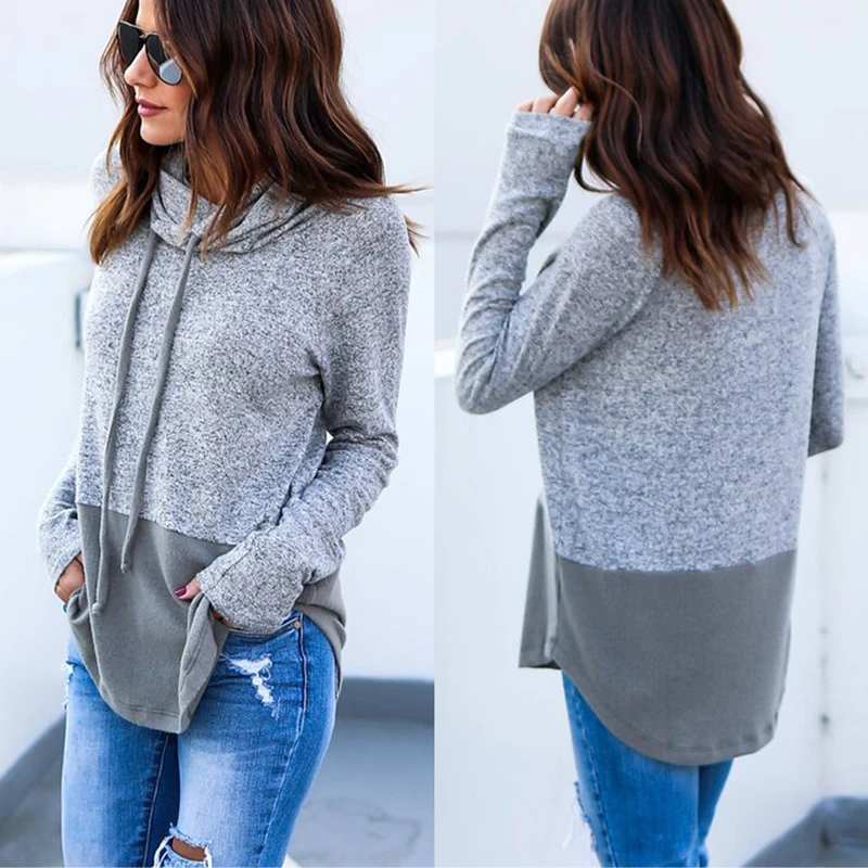 Hoodie Pullover Sweatshirt womens gray & dack gray patchwork solid ...