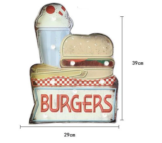 Гамбургер светодиодный металлический знак декоративный Рисунок, для бара, для кафе вывеска домашний Декор стены с подсветкой Висячие неоновые вывески A851