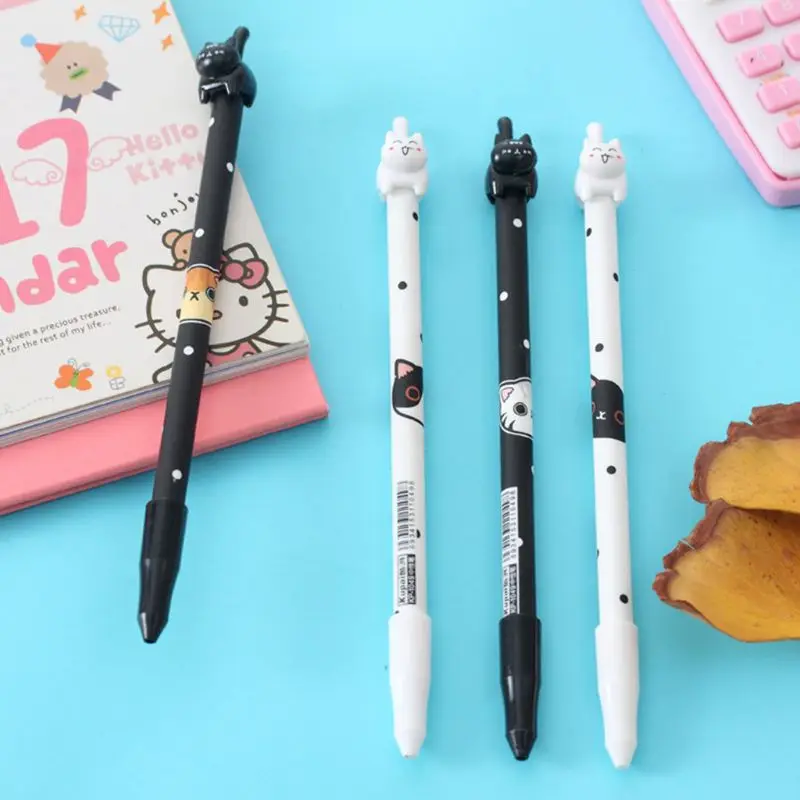 2pcs Cartoon Cat Long Tail Black Gel Ink Pen Stationery School Supplies Kids Gif
