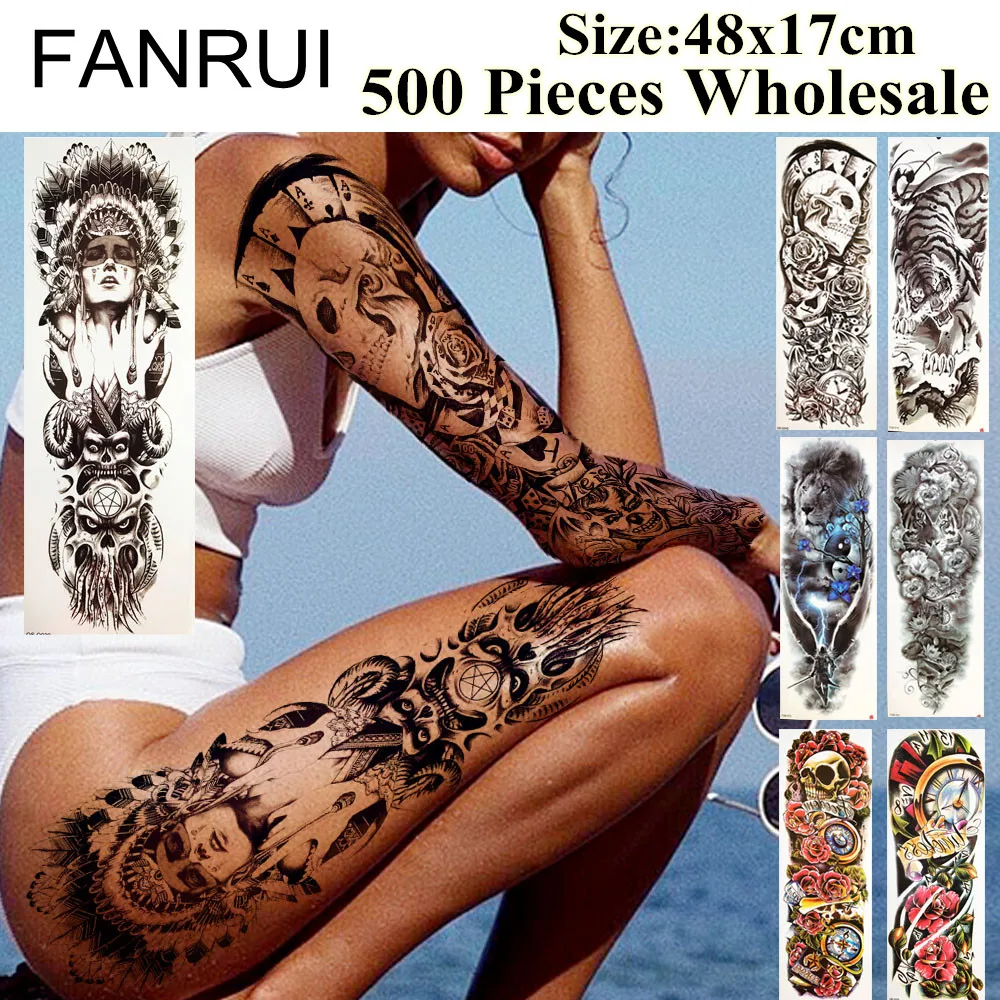 

FANRUI 500 шт., оптовая продажа, искусственная татуировка на всю руку, временная длинная 48x17 см, цветок, лиса, татуировка, тело, искусство, татуировки