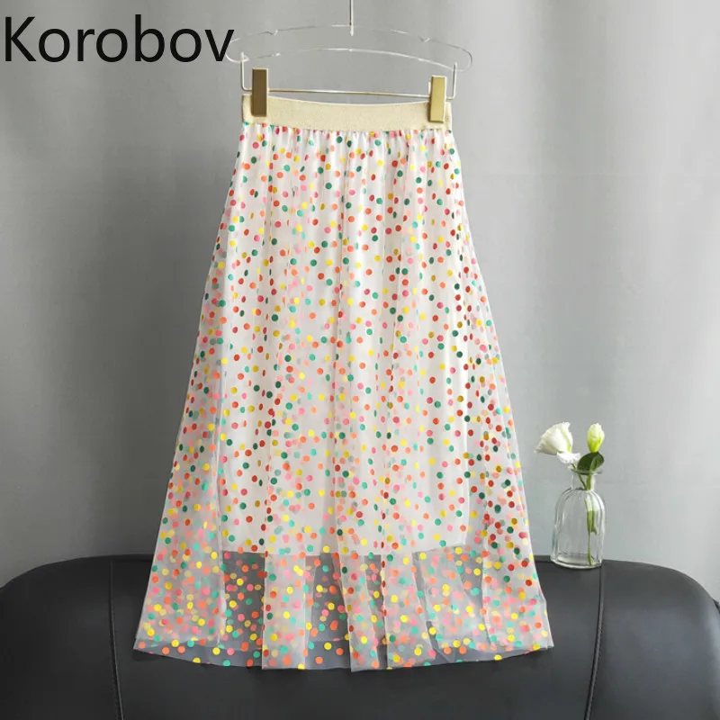 

Korobov Harajuku Summer New Boho A Line Tulle Skirt High Waist Long Mesh Skirts Korean Rainbow Polka Dot Pleated Skirt 77955
