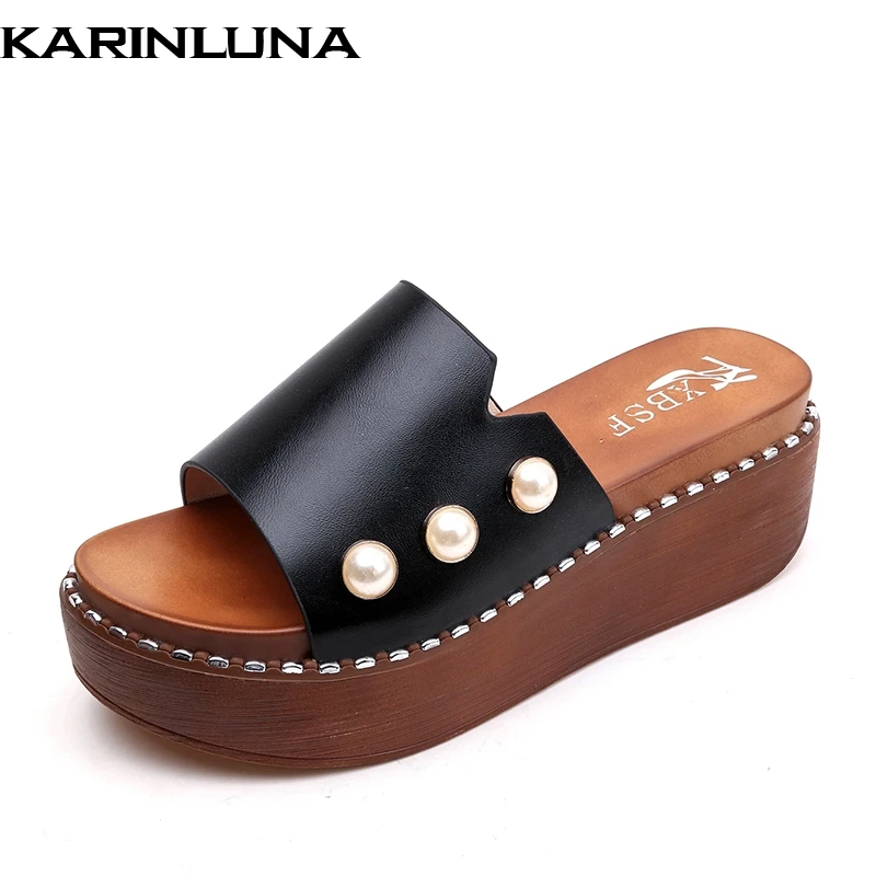 

Karinluna Chic Pearls Flat Platform Fashion Leisure Summer Slippers Shoes Women Vacation Outdoor flip&flops Woman Shoes
