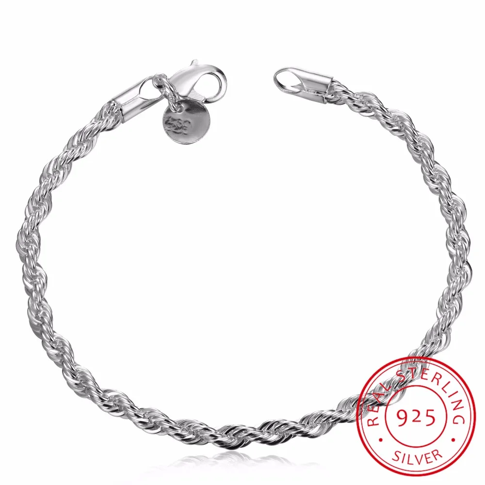 

LEKANI 925 Sterling Silver Fine Jewelry for women and men 4MM Chain Charm Flash twisted rope Bracelet Pulseiras de Prata Jewelry