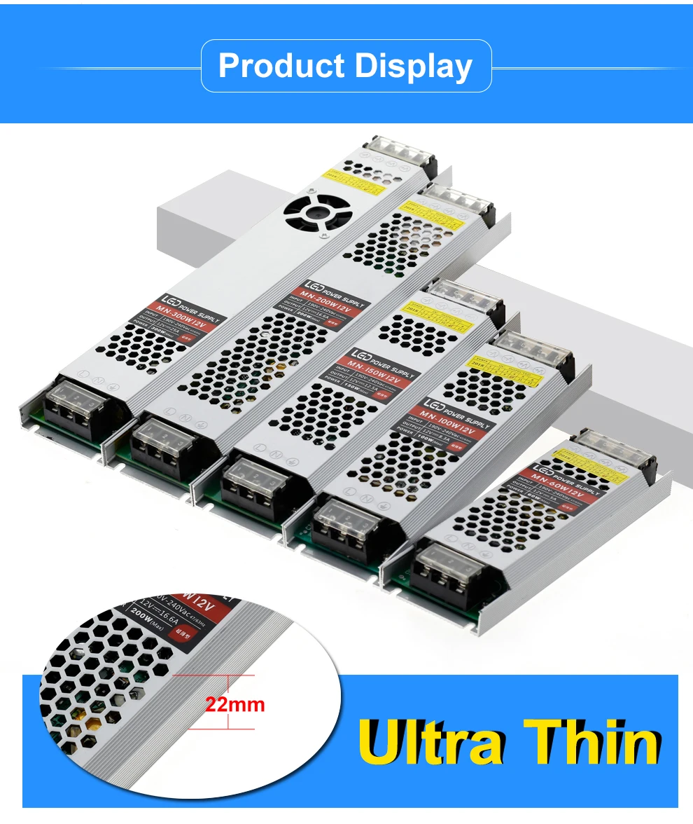 Ультратонкий импульсный источник Питание DC 12V LED трансформаторы 60W 100W 150W 200W 300W AC190-240V драйвер для Светодиодный полоски