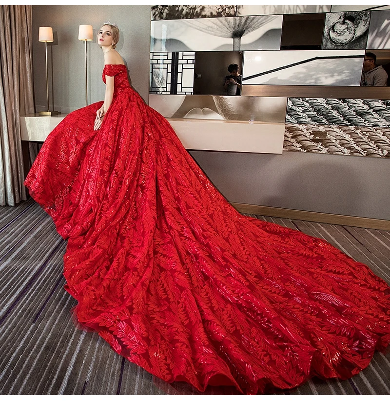 Роскошное Свадебное платье с длинным шлейфом, бальное платье с открытыми плечами, красные свадебные платья размера плюс, свадебное платье с коротким рукавом, Vestido Novia