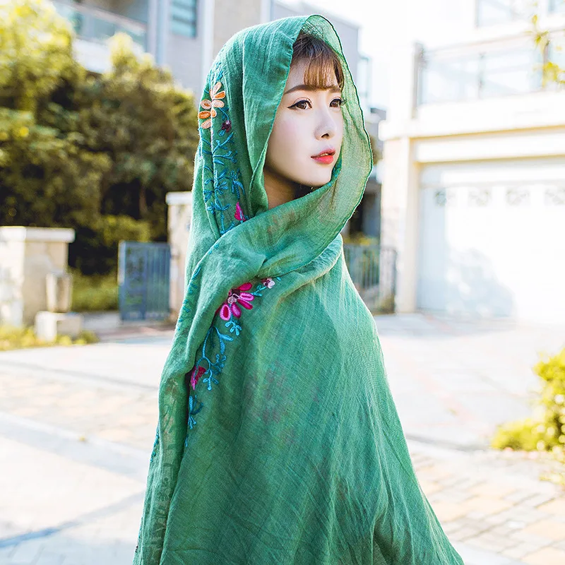 

Cotton Linen Scarfs National Sun Flower Travel Embroidery Scarves Shawl Spring & Summer & Autumn Sunscreen Thin Shawls Scarf