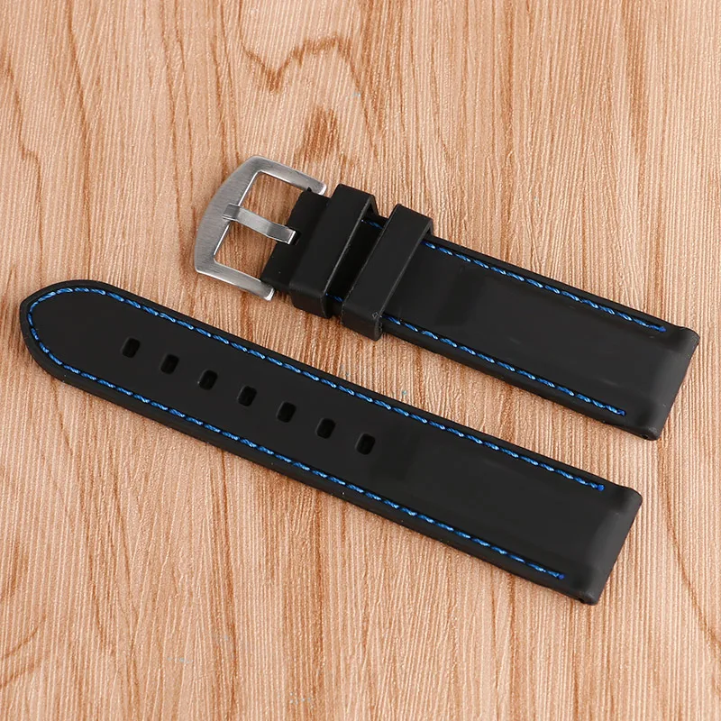 

20/22/24/26mm Watch Strap Band Bracelet Stainless Steel Pin Buckle Black Silicone Outdoor Waterproof Blue Line Stitching Rubber